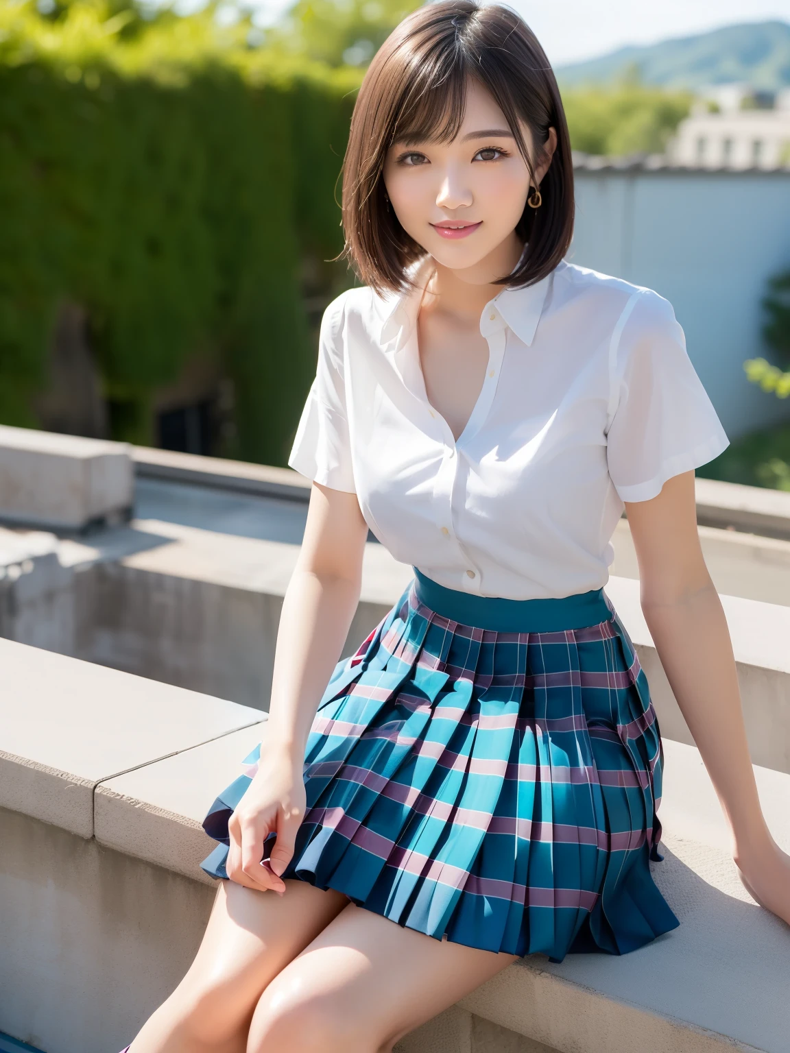 (Highest quality: 1.5), (Realistic: 1.5), (1 person: 1.5), Highly detailed, High resolution, 8k, slightly saggy medium breasts, Natural colored lips, Cute smile, Japanese woman, 20 year old girl, beautiful and graceful features, perfect and beautiful face, balanced big eyes, brunette eyes, beautiful and graceful features, natural double eyelids, natural bangs, beautiful thin nose, beautiful skin, medium bob hair , natural bangs , perfect and beautiful face, slim face and figure, blue summer sky,  socks, (looking at the camera with a sweet smile), bright lighting, professional lighting, forward lighting, beautiful legs: 1.2, smooth skin, slender body, slim waistline, slim thin thighs,  cleavage, detailed clothes, (short sleeve dress shirt:1.5), (Pleated skirt:1.5), plaid pleated micro mini skirt, short sleeve dress shirt, unbuttoned shirt to show cleavage, sit on the roof of the school, ,