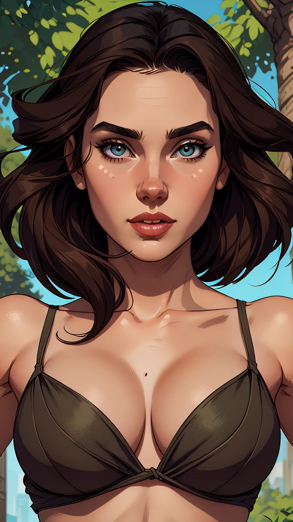 Character style Cartoon style digital illustration GTA style female style beautiful breasts symmetrical medium breasts Fiona with war marks Cartoon image of a woman .Ilustra??o estilo desenho animado, estilo de arte dos desenhos animados, estilo de arte dos desenhos animados, digital illustration style, estilo atompunk design de personagens altamente detalhado, arte digital detalhada coragem, Forest fan art, Design de personagens de retrato, beautiful digital illustration, retrato de alta qualidade, Arte em quadrinhos, mulher jovem cabelo com transas lindas . Eyelined eyes Medium large bust and wonderful sexy clothes.