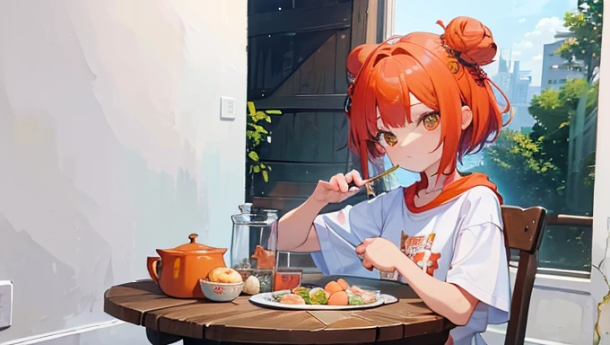 (Masterpiece,Highest quality),(Maximum details),(Eye details),(hair details),(hand details),woman,,short hair,red hair,I have a bun.,orange eyes,Wear a white long-sleeved shirt with a cat pattern.,Wear blue hooded shorts,Wear green running shoes.,smile,be happy,action,sit,holding a spoon,eating boiled eggs,Decorations,chair,table,บนtableมีแต่อาหารเฮลตี้,tree,backdrop,kitchen,full body image,