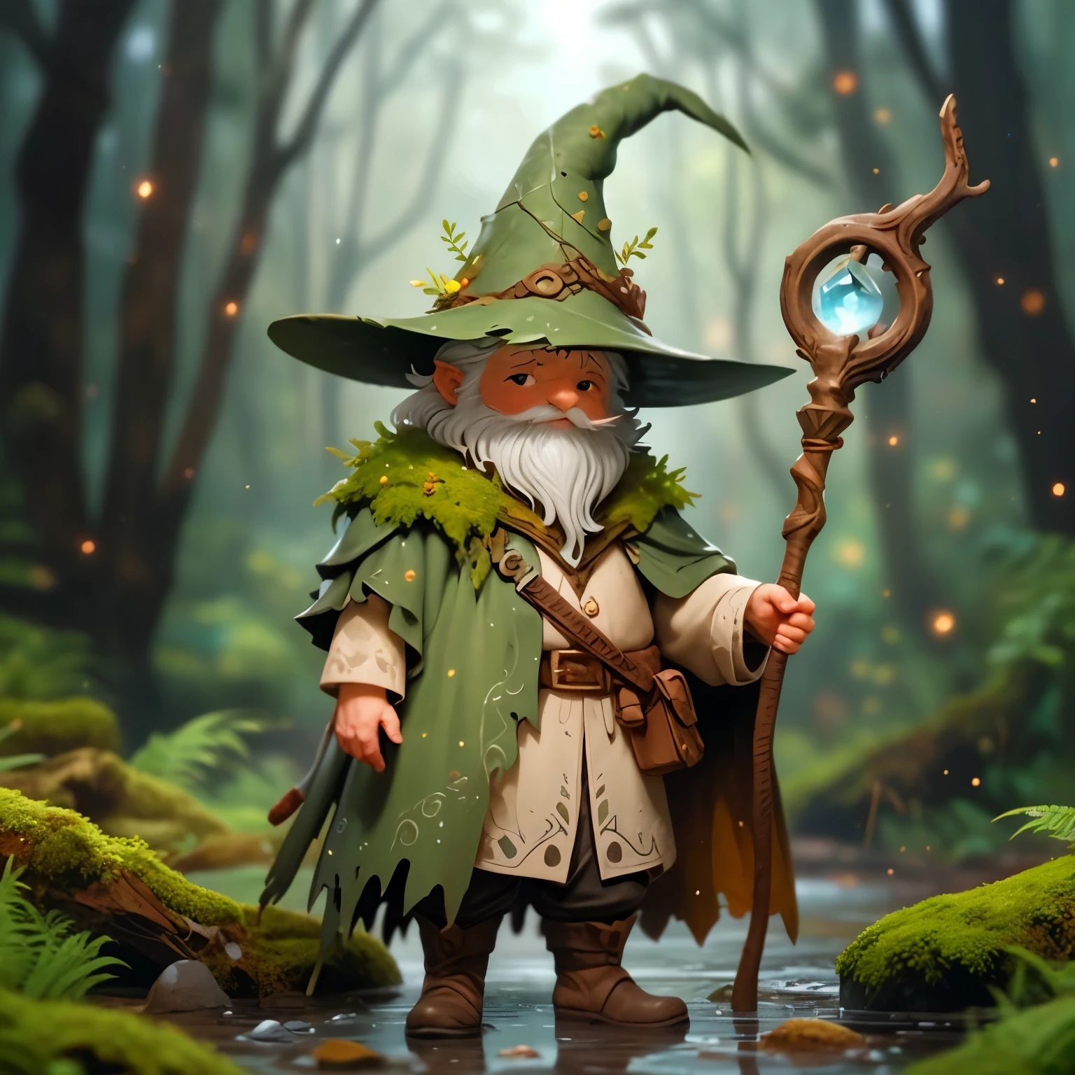 A cute moss covered dewy male male wizard, wrinkled old looking skin, close up in a dewy rain forest with pink orange red and yellow forest colors, fall colors, intricate wizarding costume cragged materials, In a tilt-shift, macro-photographed scene with a shallow depth of field, a tiny, iridescent mystic wizard, intricate gnarled leather wizarding boots, its body a mesmerizing mosaic of microscopic mirrors and gears, perches on the velvety, emerald-green edge of a dew-kissed leaf, surrounded by a constellation of glistening, crystal-like droplets that refract and reflect the soft, golden light filtering through the forest canopy above, amidst a tapestry of intricate, lace-like ferns and moss-covered twigs, with the blurred, bokeh-rich background a warm, earthy blend of umber, sienna, and olive hues.