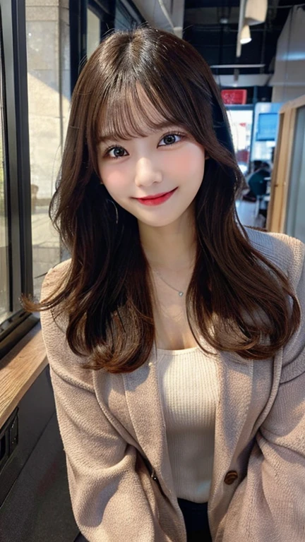 Tabletop, highest quality, shape, Very detailed, finely, High resolution, 8k wallpaper, 完璧なダイナミックな構shape, Beautiful and detailed,Medium Hair,Small Breasts Natural Color Lip, Bold sexy pose,smile,Big cities、20-year-old girl、cute、sexy shot looking at camera,Casual Office Fashion(Winter clothes),Blur the background