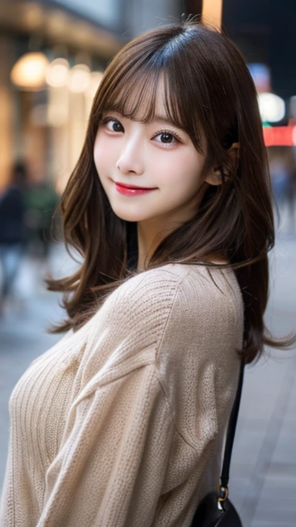 Tabletop, highest quality, shape, Very detailed, finely, High resolution, 8k wallpaper, 完璧なダイナミックな構shape, Beautiful and detailed,Medium Hair,Small Breasts Natural Color Lip, Bold sexy pose,smile,Big cities、20-year-old girl、cute、sexy shot looking at camera,Casual Office Fashion(Winter clothes),Blur the background