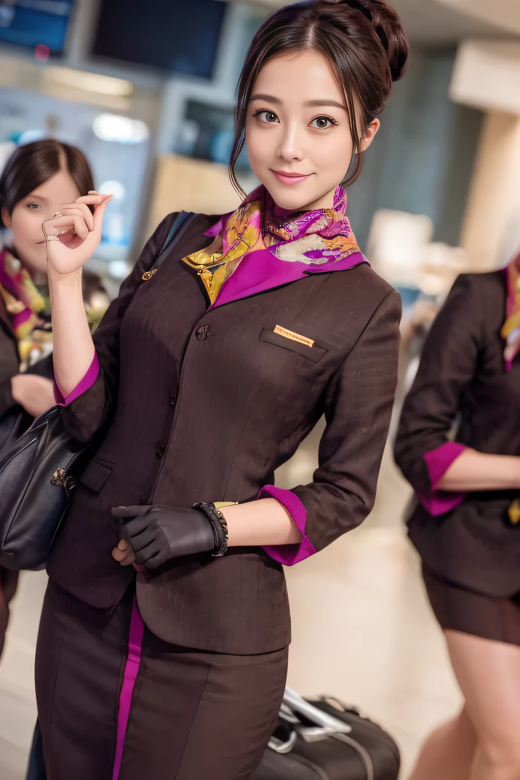 (masterpiece:1.2、highest quality:1.2)、32K HDR、High resolution、(alone、1 girl、Slim figure)、(A realistic reproduction of the ETIHAD Airways Cabincrew Uniform)、 (At the airport counter, Professional Lighting)、A proper woman, Beautiful Face,、(Long sleeve ETIHAD Airways Cabincrew Uniform)、(ETIHAD Airways Cabincrew Uniform skirt with purple stripe on the front)、(scarf on chest)、Big Breasts、(Long Hair Up、Hair Bun)、Dark brown hair、Long Shot、((Great hands:2.0))、((Harmonious body proportions:1.5))、((Normal limbs:2.0))、((Normal finger:2.0))、((Delicate eyes:2.0))、((Normal eyes:2.0)))、Beautiful standing posture、smile