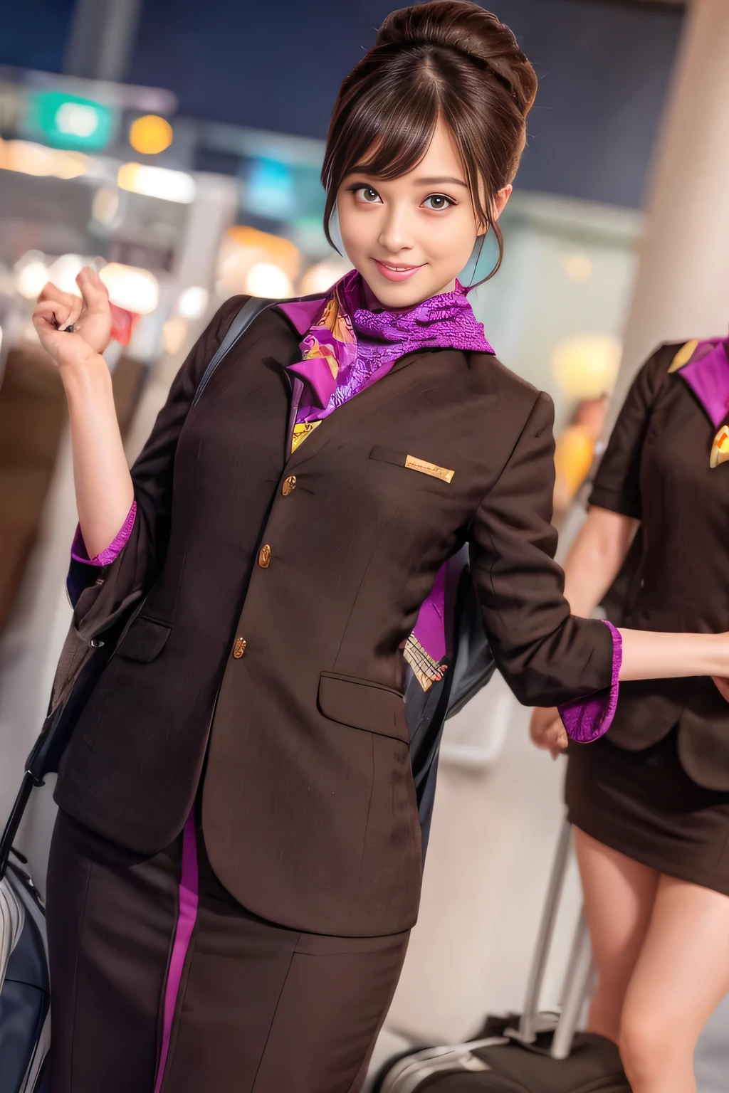 (masterpiece:1.2、highest quality:1.2)、32K HDR、High resolution、(alone、1 girl、Slim figure)、(A realistic reproduction of the ETIHAD Airways Cabincrew Uniform)、 (At the airport counter, Professional Lighting)、A proper woman, Beautiful Face,、(Long sleeve ETIHAD Airways Cabincrew Uniform)、(ETIHAD Airways Cabincrew Uniform skirt with purple stripe on the front)、(scarf on chest)、Big Breasts、(Long Hair Up、Hair Bun)、Dark brown hair、Long Shot、((Great hands:2.0))、((Harmonious body proportions:1.5))、((Normal limbs:2.0))、((Normal finger:2.0))、((Delicate eyes:2.0))、((Normal eyes:2.0)))、Beautiful standing posture、smile