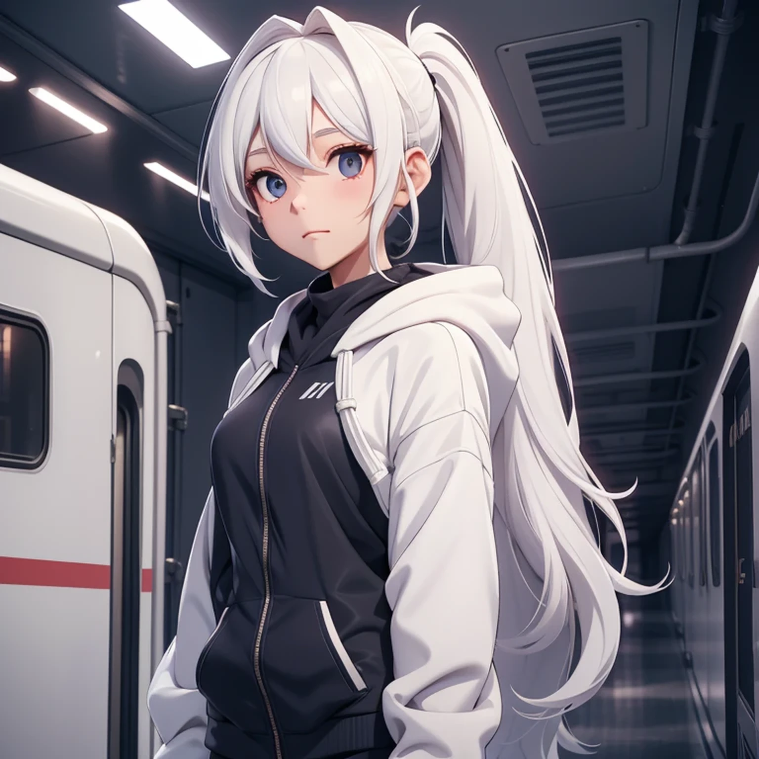 A girl, white hair, long hair, feminime, soft smile, white hoodie jacket, glowing navy eyes, train background, wearing black headphone, full body, masker, side ponytail hair, full body, medium breast, long legs,