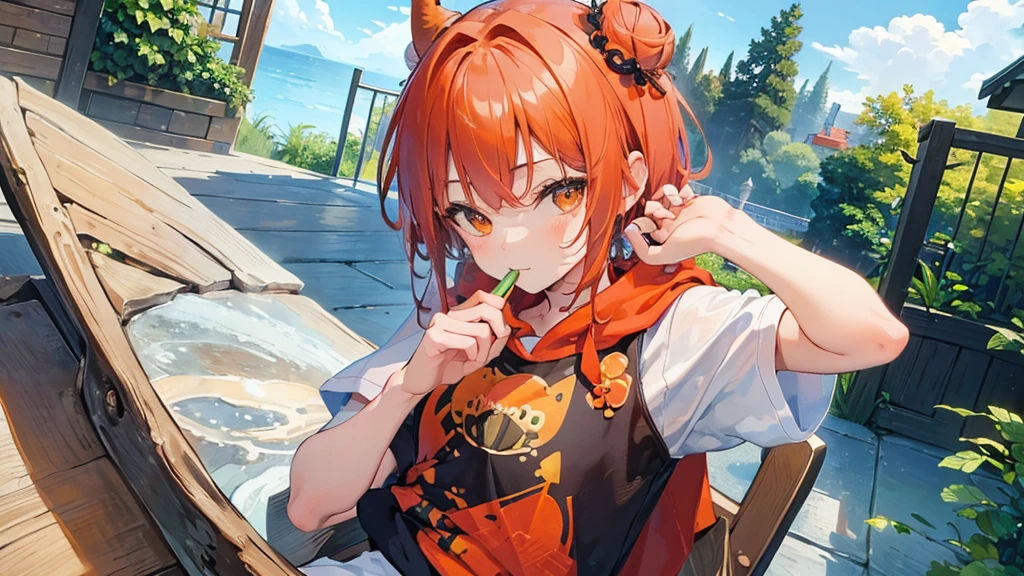 (Masterpiece,Highest quality),(Maximum details),(Eye details),(hair details),(hand details),woman,10 years old,short hair,red hair,I have a bun.,orange eyes,Wear a white long-sleeved shirt with a cat pattern.,Wear blue hooded shorts,Wear green running shoes.,smile,be happy,action,sit,holding a spoon,eating vegetables,Decorations,chair,table,บนtableมีแต่อาหารเฮลตี้,tree,backdrop,kitchen,full body image,