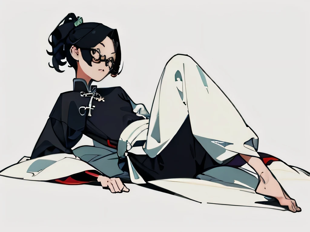 ((masterpiece)),(((best quality))),(character design sheet,Same role,frontage,Lateral face,on back),illustration,1个Small Breast Girl,black colored hair,hairstyle fax,Eyes,The environment changes,hairstyle fax,Pose Zi too,female pervert,Ancient Chinese heroine,charturnbetalora,(simplebackground,white backgrounid:1.3), short hair, glasses