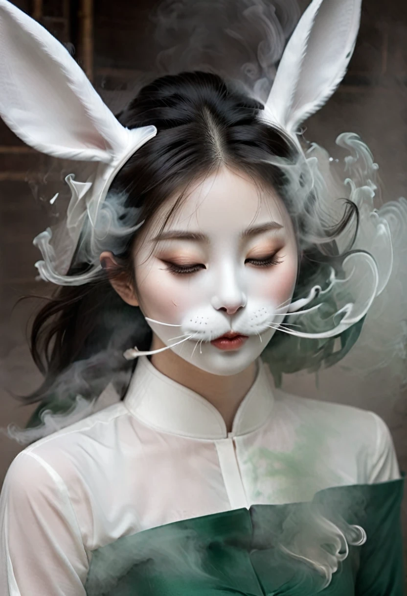 a front-view photograph. The smoke, resembling a rabbit's face, covers the eye area like an eye mask on the face of a chinese female girl. White smoke in front of her forms a distinct rabbit mask, resembling a sleepily-eyed eye mask over her eyes. The smoke art has realistic textures, blending seamlessly with the rabbit’s sleepy face，bailing_darkness