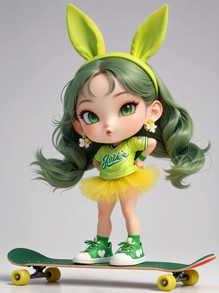1girl,Wearing a bright yellow-green baseball uniform,Green Sequined Tulle Skirt,(rabbit ears, bunny hair ornament:1.5),Green sneakers,strike a playful pose,Standing on a skateboard,(Close one eye:1.3),Green eyes,Pout your cute little mouth,A faint blush,pride,Cartoon Style,full-body shot,Created with C4D and Blender,Blind box toy style,Super Detail,Anatomically correct,masterpiece,accurate