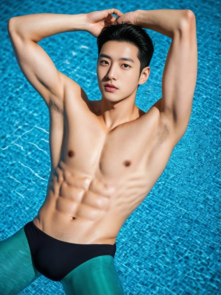 oppav3, (tmasterpiece, hyper quality, A high resolution, 8K, complex: 1.2), (Detailed face: 1.2), Wear a sexy bikini underwear: 1.5), Detailed skin, pores, absurderes, 1boy, malefocus, (Realistic), pool background, shirtless, Good lighting quality, muscle veins, curving, Balanced eyes, Black colored eyes, whole body shot, Korean man, boy, mascular, not wearing top, lying down, lifted arms, spread legs, topless