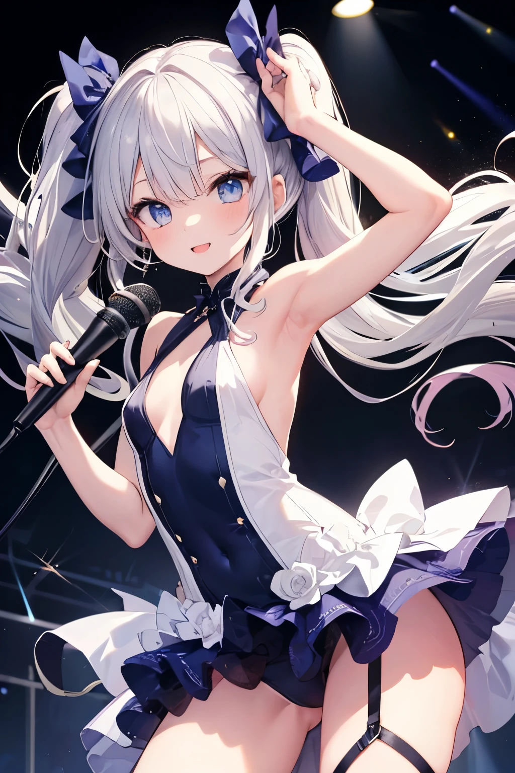 Silver Hair、Blue Eyes、girl、Small breasts、Twin tails、girl、Small breasts、ta、Bright smile、Looks about 15 yan Musume、He is short、目のhighlight、Sexy thighs、Idol、Sing with a microphone、Mine-based costumes、Showing armpits、Your eyes are so beautiful、highlight