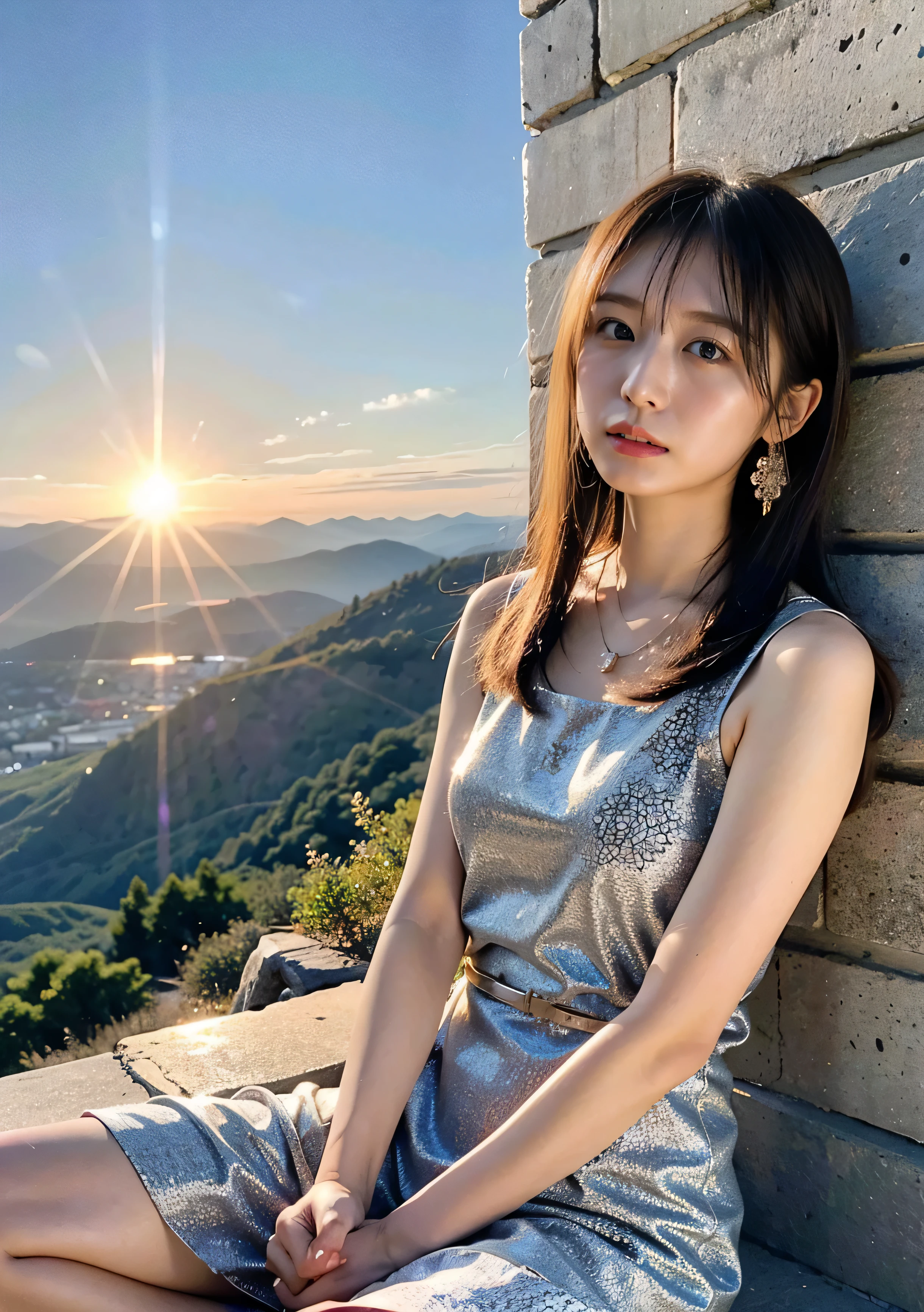 Woman sitting on a mountain top watching the sunset、Lens flare、I can see the sun setting、((Small earrings、It's evening、Small airfieldに来ています、Small airfield、Background of Cessna taking off:1.4))、Luxurious leather belt、Glossy clothes、Light beige hair color、Background Blur、Braid only the front hair、Light brown hair、{{Cowgirl Shot}}、((Close-up shot from the waist up、Big Breasts:1.4))、Big Breasts、Smile、Silk clothing、Big Breasts that can be seen even through clothes、Braid only the front hair、Cowboy Shot、Gorgeous white collared silk shirt and brown skirt、Dress elegantly、Luxury Bags、A lovely smile、((Airplane in the background、I'm coming to the airport))、Full body photo、ring、Short skirt、Tuck your hair behind one ear、Silver Necklace、smile、 Elegant ponytail、Caustics、Highly detailed photos、Very beautiful and ideal short hair、Big Breasts、Super no makeup、(8k、RAW Photos、highest quality、masterpiece:1.2)、(Realistic、Realistic)、1 girl、((Big Breastedium Short Hair、Looking into the camera:1.4))、Hair blowing in the wind