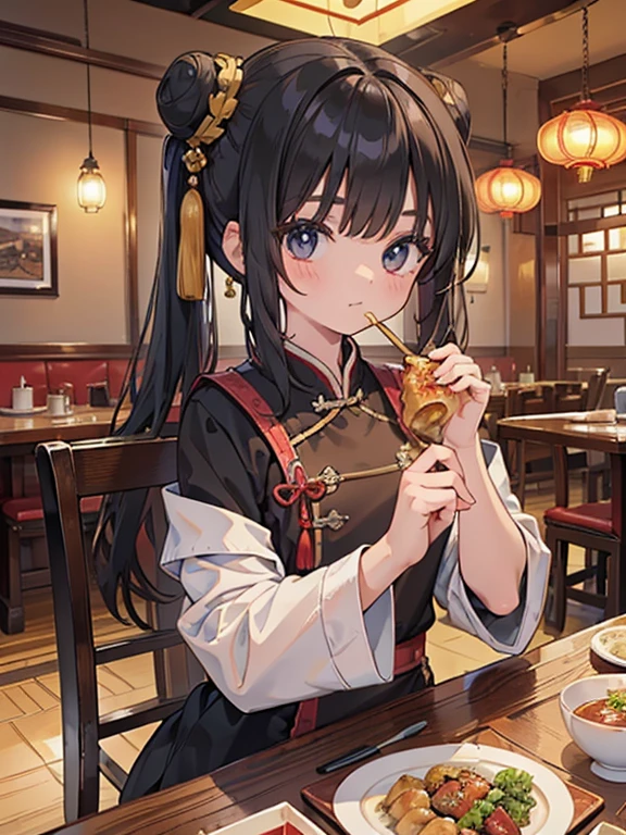 masterpiece, highest quality, Very detailed, 16k, Ultra-high resolution, Cowboy Shot, 14-year-old girl, Detailed face, Perfect Fingers, black eye, Black Hair, Chinese style bun hairstyle, Hair, Chinese clothing, Chinese Restaurant, canteen, Chinese cuisine, table, Sitting on a chair while eating