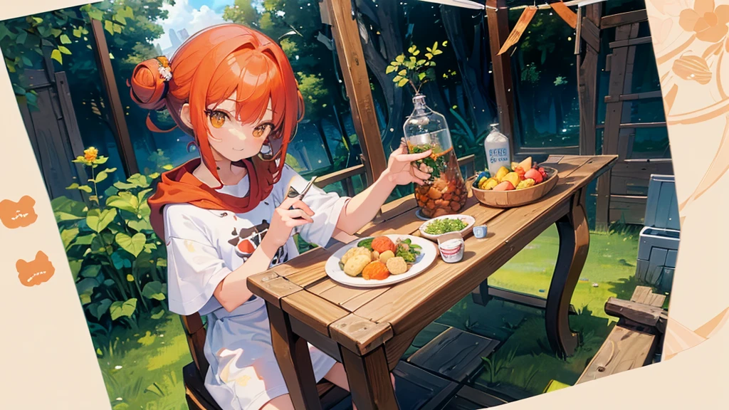 (Masterpiece,Highest quality),(Maximum details),(Eye details),(hair details),(hand details),woman,10 years old,short hair,red hair,My hair is chubby.,orange eyes,Wear a white long-sleeved shirt with a cat pattern.,Wear blue hooded shorts,Wear green running shoes.,smile,be happy,action,sit,holding a spoon,eating boiled eggs,Decorations,chair,table,บนtableมีแต่อาหารเฮลตี้,tree,backdrop,kitchen,full body image,