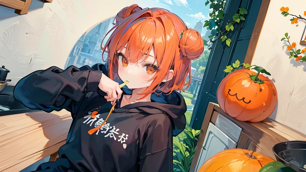 (Masterpiece,Highest quality),(Maximum details),(Eye details),(hair details),(hand details),woman,,short hair,red hair,I have a bun.,orange eyes,Wear a white long-sleeved shirt with a cat pattern.,Wear blue hooded shorts,Wear green running shoes.,smile,be happy,action,sit,holding a spoon,eating vegetables,Decorations,chair,table,บนtableมีแต่อาหารเฮลตี้,tree,backdrop,kitchen,full body image,