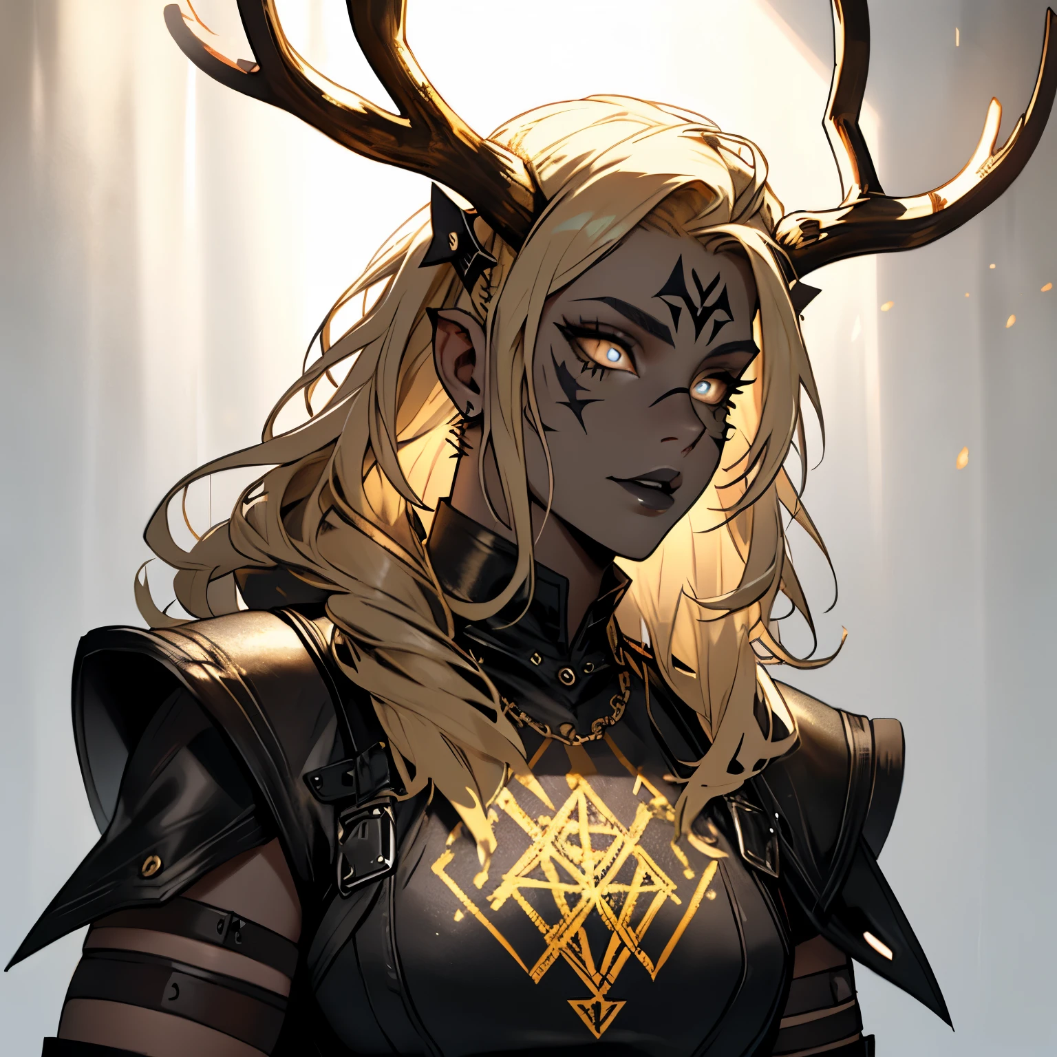 Rhea Ripley as a muscular female gothich viking, wearing leather gothic viking clothes, has long spiky pigtails, has spikes, has antlers made of fire, blonde hair, black lipstick, masculine, muscular, has brown clothing, has a viking axe, has glowing viking rune tattoos, glowing runes, viking leather studded clothing, perfect eyes, gold eyes, glowing aura, shine, shadows, shaded, portrait, masterpiece, large antlers, godly, has antlers