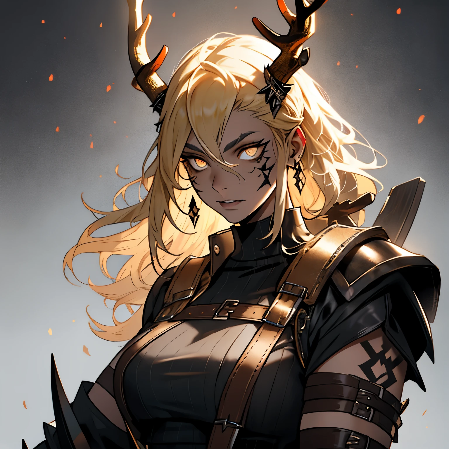 Rhea Ripley as a muscular female gothich viking, wearing leather gothic viking clothes, has long spiky pigtails, has spikes, has antlers made of fire, blonde hair, black lipstick, masculine, muscular, has brown clothing, has a viking axe, has glowing viking rune tattoos, glowing runes, viking leather studded clothing, perfect eyes, gold eyes, glowing aura, shine, shadows, shaded, portrait, masterpiece, large antlers, godly, has antlers