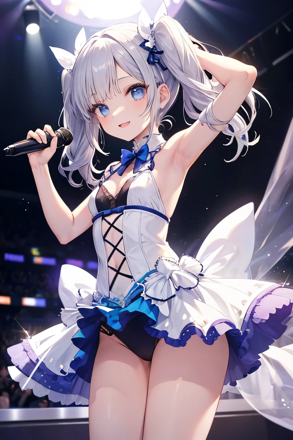 Silver Hair、Blue Eyes、girl、Small breasts、Twin tails、girl、Small breasts、ta、Bright smile、Looks about 15 yan Musume、He is short、目のhighlight、Sexy thighs、Idol、Sing with a microphone、Mine-based costumes、Showing armpits、Your eyes are so beautiful、highlight