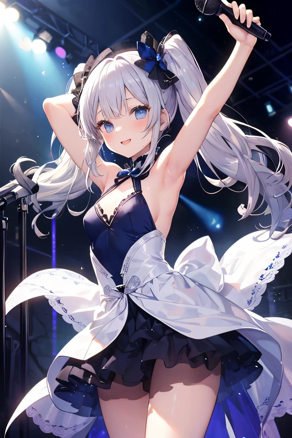 Silver Hair、Blue Eyes、girl、Small breasts、Twin tails、girl、Small breasts、Lolita、Bright smile、Looks about 15 years old、Petan Musume、He is short、目のhighlight、Sexy thighs、Idol、Sing with a microphone、Mine-based costumes、Showing armpits、Your eyes are so beautiful、highlight