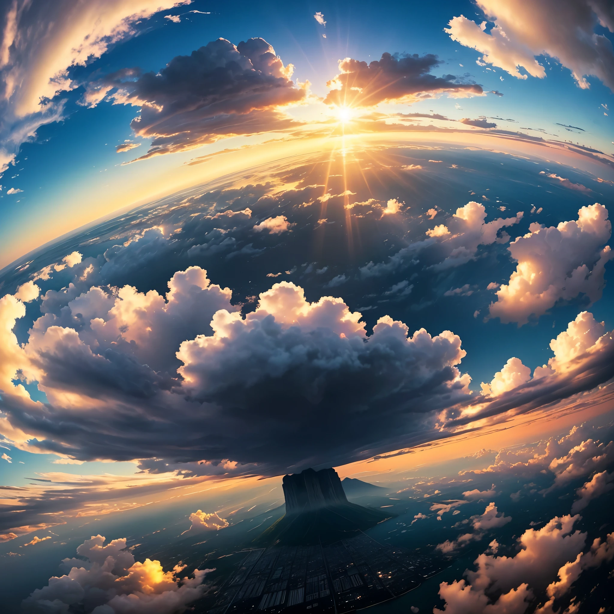Anime-like touch and tone、Extremely curved fisheye lens photo、A photo of a sacred atmosphere、Sunset sunshine、Cumulonimbus、Clear skies、Clouds floating in the sky, Amazing photo, Magnificent and wonderful,