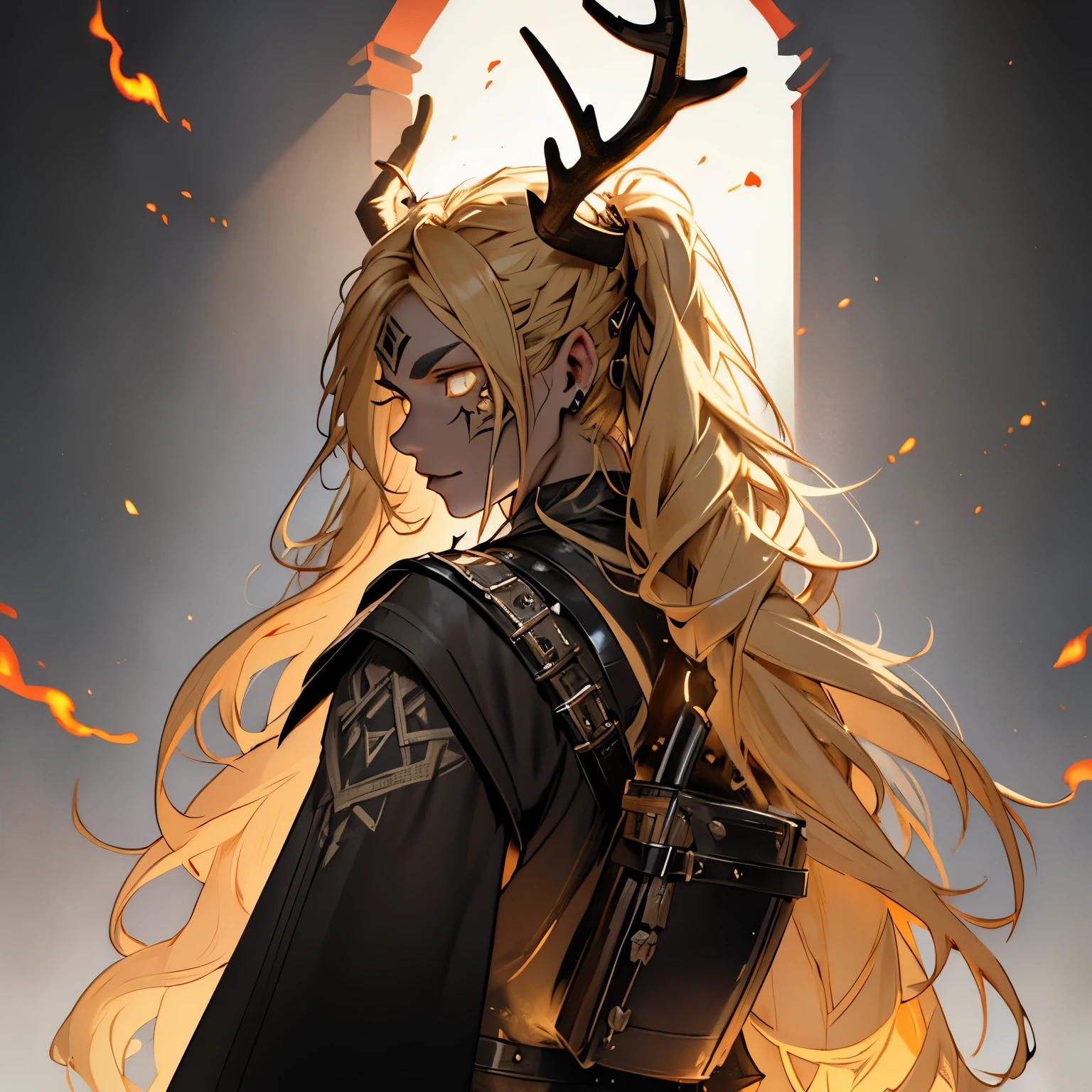 Rhea Ripley as a muscular female gothich viking, wearing leather gothic viking clothes, has long spiky pigtails, has spikes, has antlers made of fire, blonde hair, black lipstick, masculine, muscular, has brown clothing, has a viking axe, has glowing viking rune tattoos, glowing runes, viking leather studded clothing, perfect eyes, gold eyes, glowing aura, shine, shadows, shaded, portrait, masterpiece, large antlers, godly, has antlers