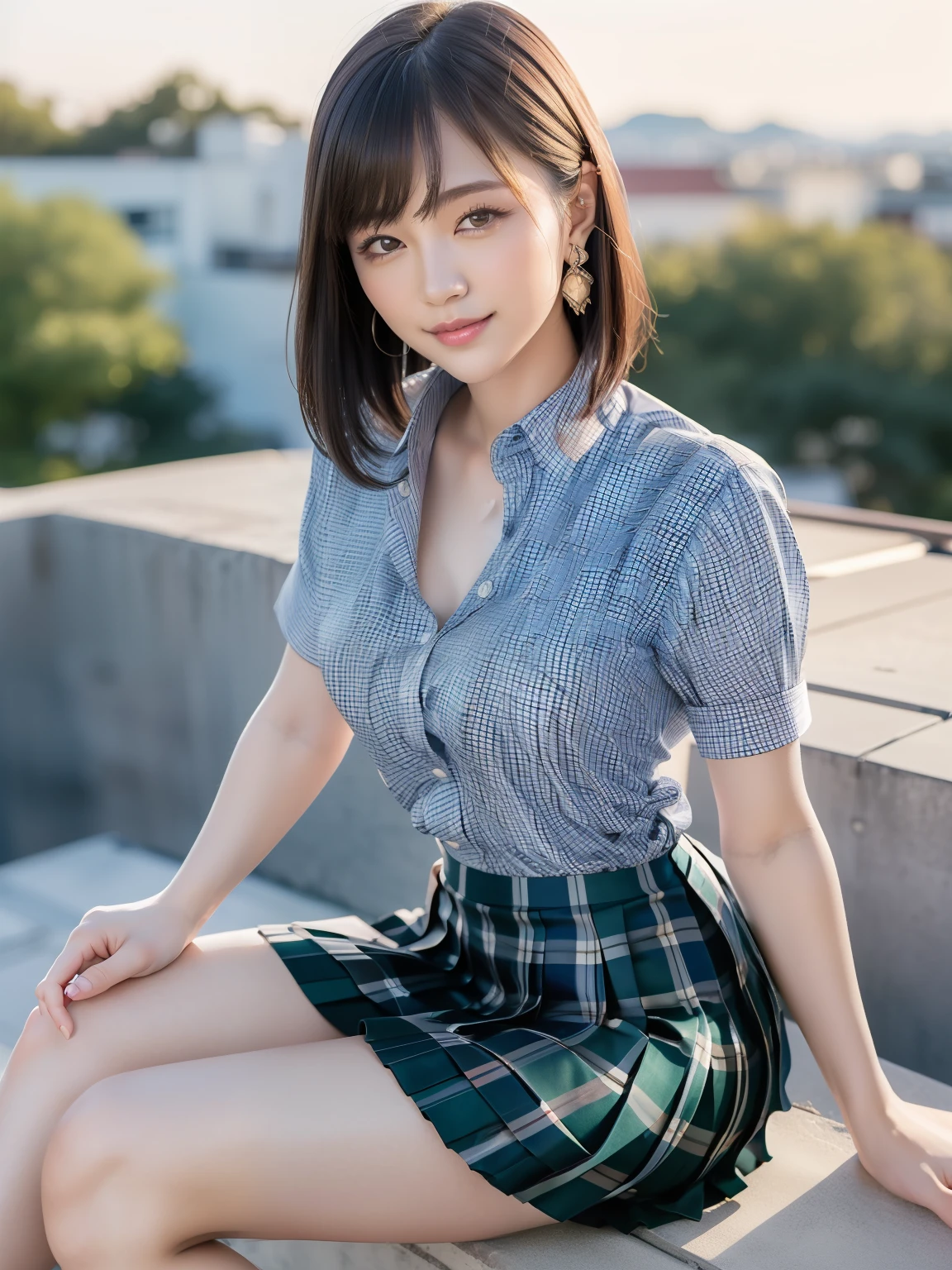 (Highest quality: 1.5), (Realistic: 1.5), (1 person: 1.5), Highly detailed, High resolution, 8k, slightly saggy medium breasts, Natural colored lips, Cute smile, Japanese woman, 20 year old girl, beautiful and graceful features, perfect and beautiful face, balanced big eyes, brunette eyes, beautiful and graceful features, natural double eyelids, natural bangs, beautiful thin nose, beautiful skin, medium bob hair , natural bangs , perfect and beautiful face, slim face and figure, blue summer sky, socks, (looking at the camera with a sweet smile), bright lighting, professional lighting, forward lighting, beautiful legs: 1.2, smooth skin, slender body, slim waistline, slim thin thighs, cleavage, detailed clothes, (short sleeve dress shirt:1.5), (Pleated skirt:1.5), plaid pleated micro mini skirt, short sleeve dress shirt, unbuttoned shirt to show cleavage, sit on the roof of the school, Beautiful breasts, beautiful cleavage,