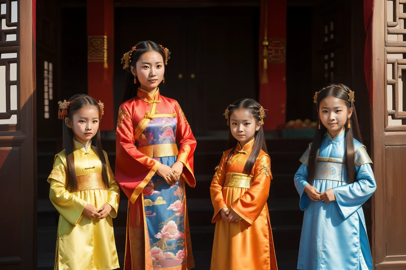 China, 1490. A young ((((29-year-old)) Tan Yunxian)), with her daughters, three little girls, ((((chinese clothings from the 1490s)))), ((hairstyle of the 1490s)), ((colorful, luminous))