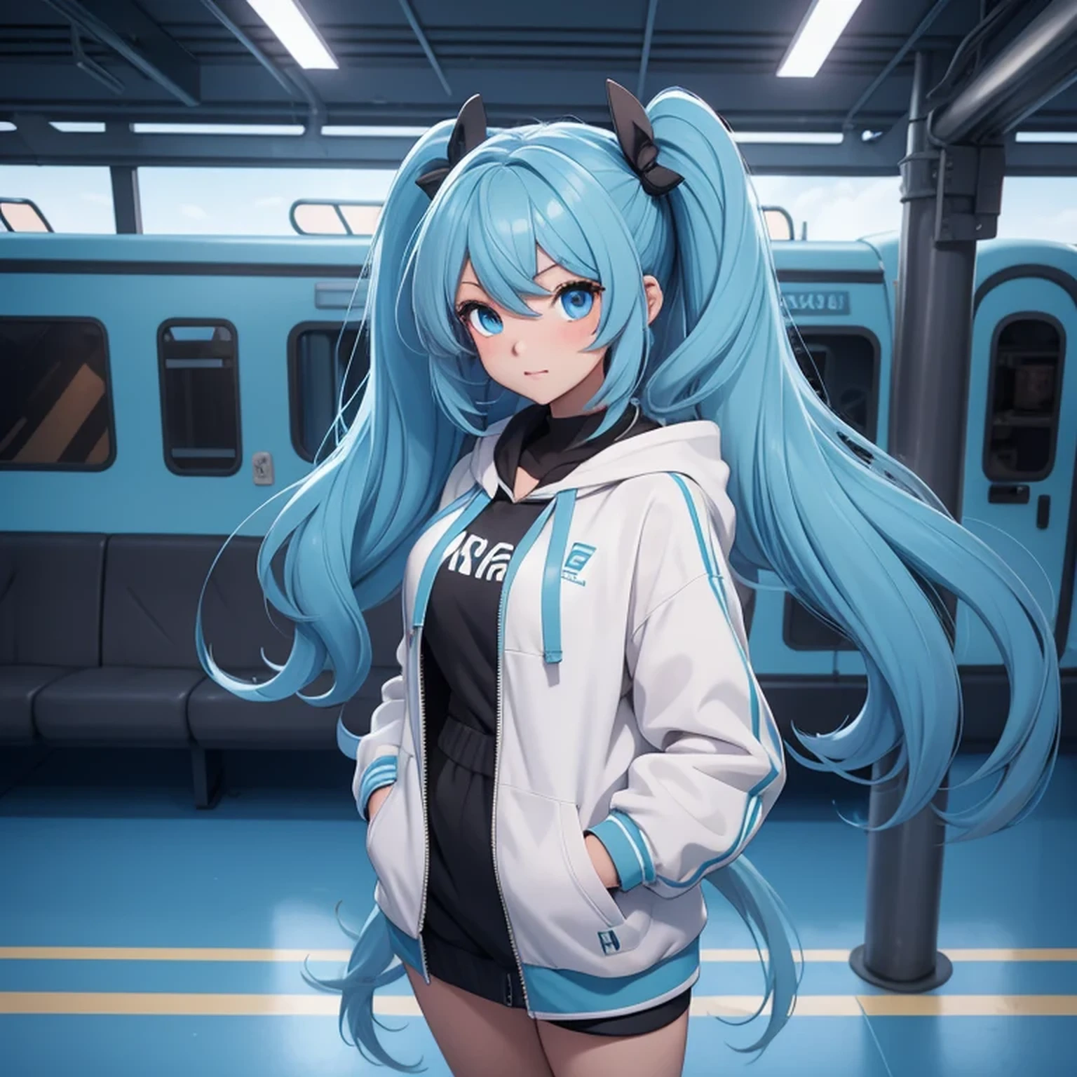 A girl, tosca hair, wave hair, feminime, soft smile, white hoodie jacket, glowing blue eyes, train background, wearing black headphone, full body, masker, twintail hair, full body, medium breast, long legs,