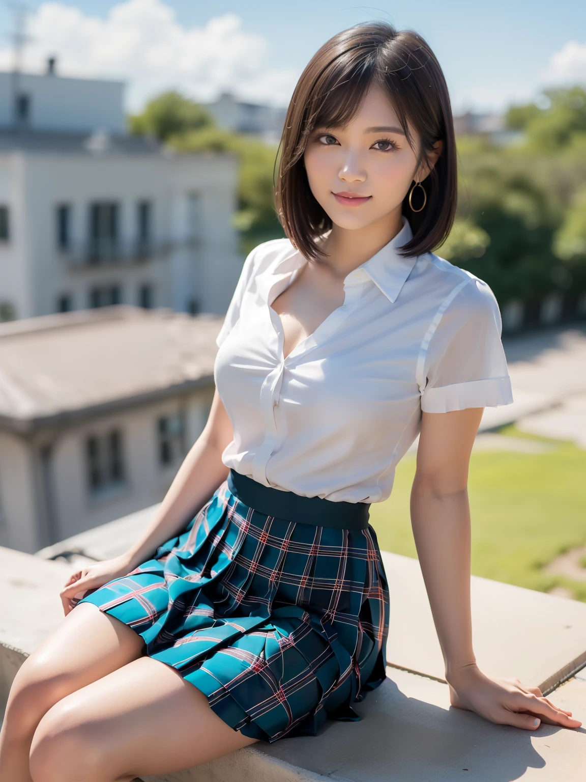 (Highest quality: 1.5), (Realistic: 1.5), (1 person: 1.5), Highly detailed, High resolution, 8k, slightly saggy medium breasts, Natural colored lips, Cute smile, Japanese woman, 20 year old girl, beautiful and graceful features, perfect and beautiful face, balanced big eyes, brunette eyes, beautiful and graceful features, natural double eyelids, natural bangs, beautiful thin nose, beautiful skin, medium bob hair , natural bangs , perfect and beautiful face, slim face and figure, blue summer sky, socks, (looking at the camera with a sweet smile), bright lighting, professional lighting, forward lighting, beautiful legs: 1.2, smooth skin, slender body, slim waistline, slim thin thighs, cleavage, detailed clothes, (short sleeve dress shirt:1.5), (Pleated skirt:1.5), plaid pleated micro mini skirt, short sleeve dress shirt, unbuttoned shirt to show cleavage, sit on the roof of the school, Beautiful breasts, beautiful cleavage,