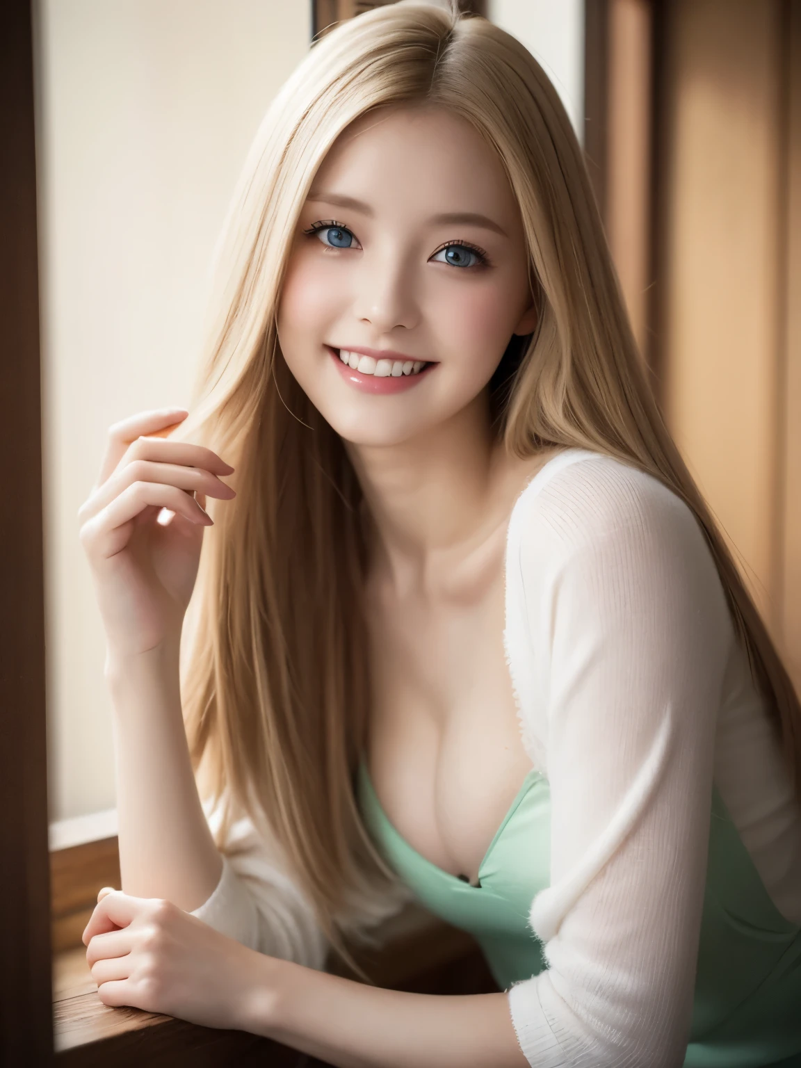 幻想的な空間に佇むbeautiful女性, ((Succubus:1.3)), 98k, {{masterpiece}}, highest quality, expensive quality:1.4), {{[[Front view}}, eye_touch,Multiple photo poses)]], Very cute face, and very pretty eyes, Cute Images, Cute Images, {{Half Body}}, {{{{{{{{Long legs}}}}}}}}, {{{{Sexy Body}}}}, {{{{{{背のexpensive女性}}}}}}, {{Height: 177cm}}, alone, beautiful, Lovely, Adorable, Pale skin, {{18〜22 year old German woman}}, look beautiful German girl and blue eyes or green eyes with platinum blonde hair color), Scandinavian German women, {{{{{{{{{{Half Girl}}}}}}}}}}, {{{{{{{{{{expensive_Heel}}}}}}}}}},Large Breasts，Cowboy Shot，Smiling