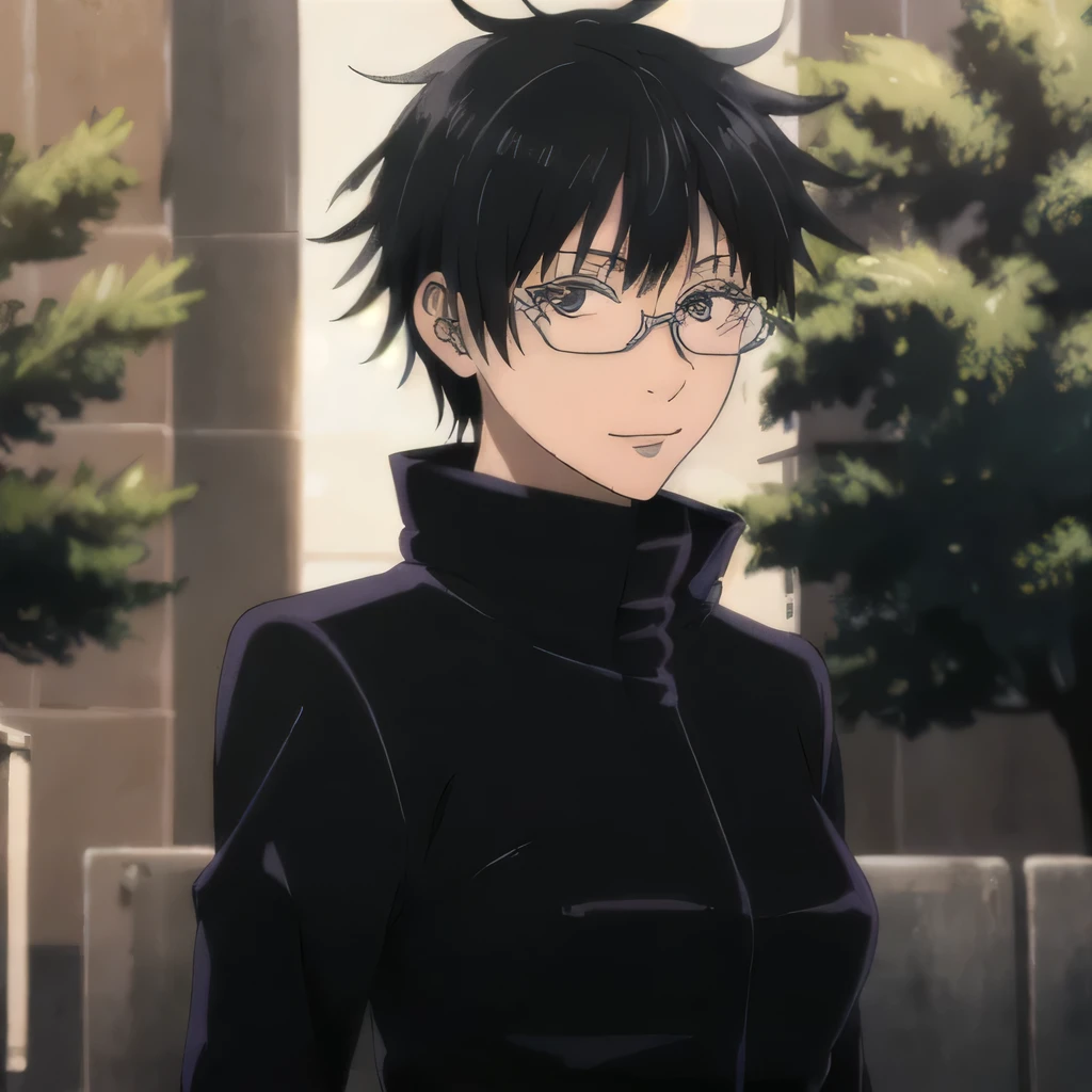masterpiece,highres,high quality,extremely detailed,solo,outdoors,
closed mouth,looking at viewer,1girl,
black jacket,popped collar, glasses, black hair, short hair, small breasts