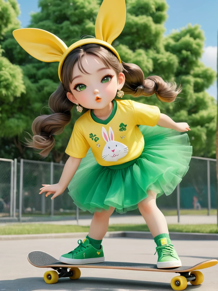 1girl，Wearing a bright yellow-green baseball uniform，Green Sequined Tulle Skirt，(rabbit ears, bunny hair ornament:1.5)，Green sneakers，strike a playful pose，Standing on a skateboard，(Close one eye:1.3)，Green eyes，Pout your cute little mouth，A faint blush，pride，Cartoon Style，full-body shot，Park Background，Created with C4D and Blender，Blind box toy style，Super Detail，Anatomically correct，masterpiece，accurate