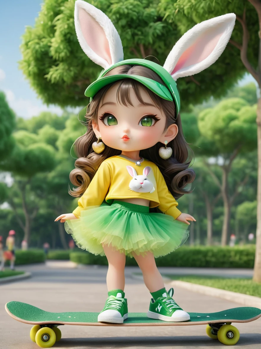 1girl,Wearing a bright yellow-green baseball uniform,Green Sequined Tulle Skirt,(rabbit ears, bunny hair ornament:1.5),Green sneakers,strike a playful pose,Standing on a skateboard,(Close one eye:1.3),Green eyes,Pout your cute little mouth,A faint blush,pride,Cartoon Style,full-body shot,Park Background,Created with C4D and Blender,Blind box toy style,Super Detail,Anatomically correct,masterpiece,accurate