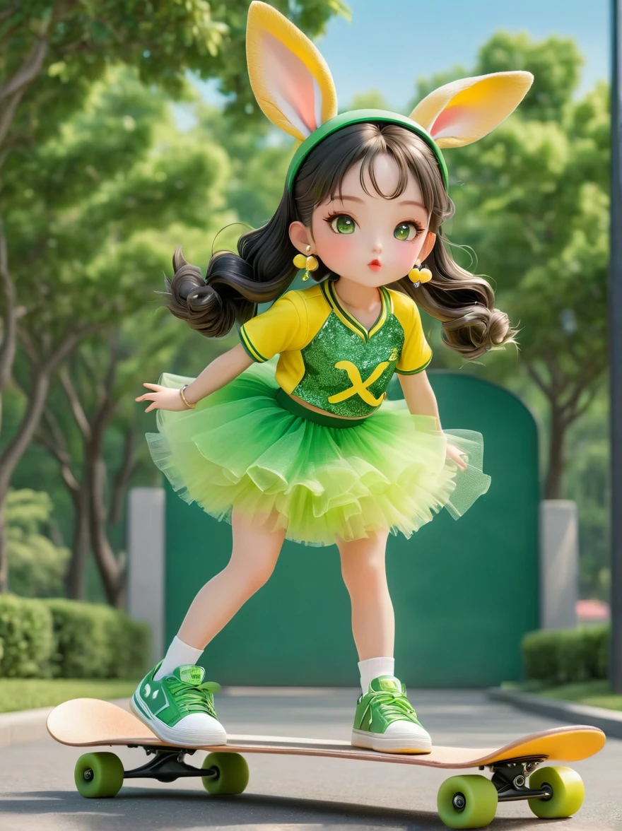 1girl，Wearing a bright yellow-green baseball uniform，Green Sequined Tulle Skirt，(rabbit ears, bunny hair ornament:1.5)，Green sneakers，strike a playful pose，Standing on a skateboard，(Close one eye:1.3)，Green eyes，Pout your cute little mouth，A faint blush，pride，Cartoon Style，full-body shot，Park Background，Created with C4D and Blender，Blind box toy style，Super Detail，Anatomically correct，masterpiece，accurate