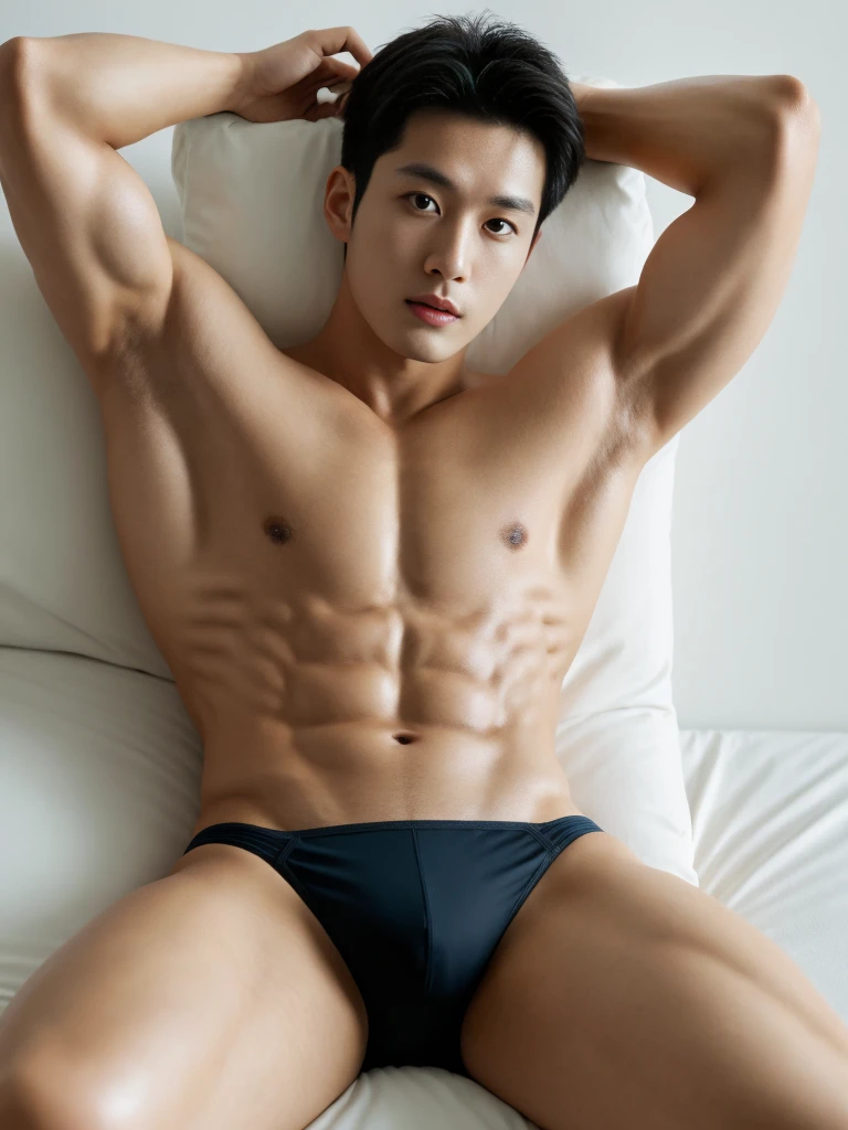 oppav3, (tmasterpiece, hyper quality, A high resolution, 8K, complex: 1.2), (Detailed face: 1.2), Wearing a sexy bikini underwear: 1.5), Detailed skin, pores, absurderes, 1boy, malefocus, (Realistic), bedroom background, shirtless, Good lighting quality, muscle veins, curving, Balanced eyes, Black colored eyes, whole body shot, Korean man, boy, mascular, not wearing top, lying down, lifted arms, spread legs, topless