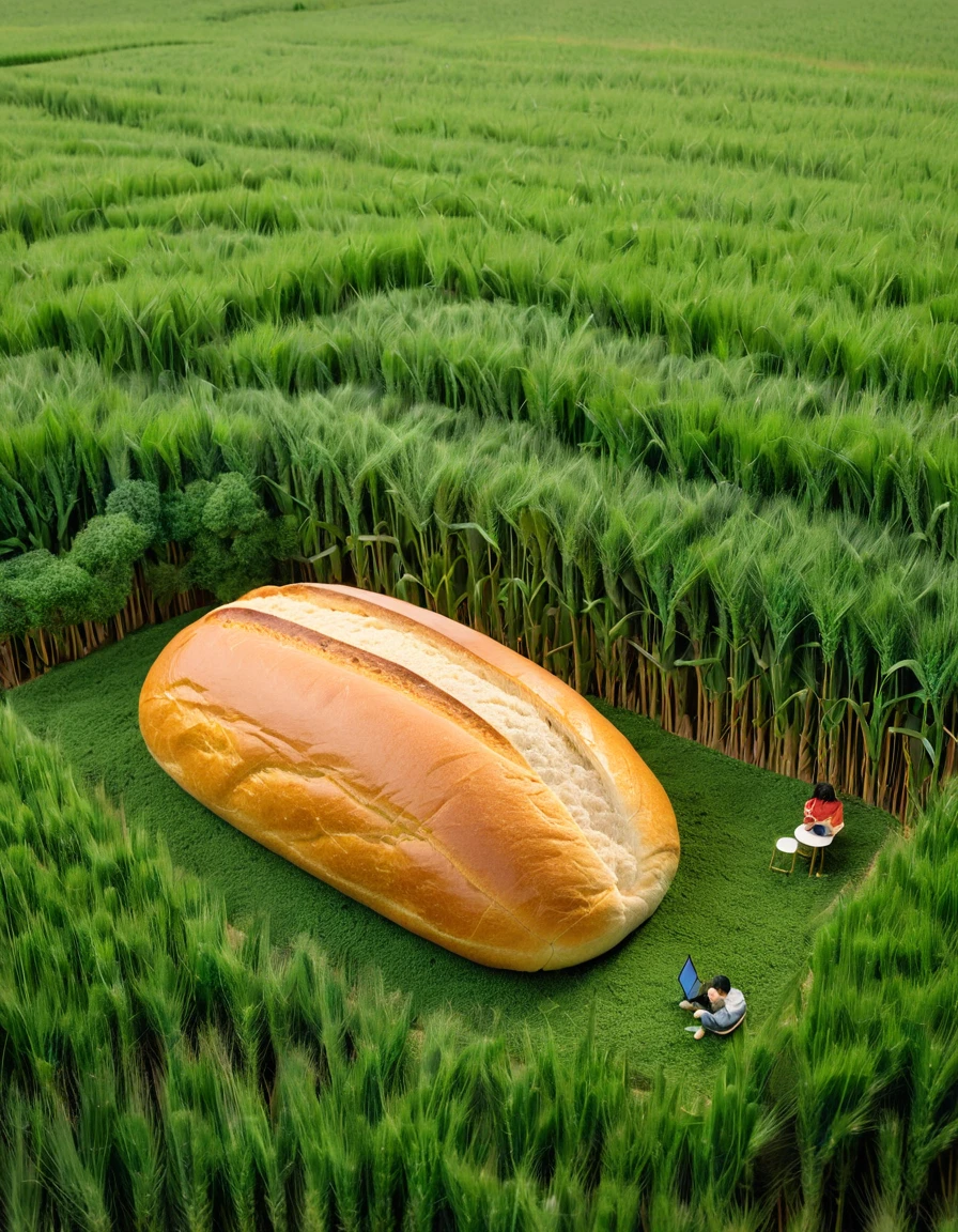 Tanaka Tatsuya, miniature landscape advertisement photography, the background is a giant loaf of bread, wheat fields， and little people are listening to music, reading, sleeping, realistic food textures, minimal decoration, grass, surreal style, and dreamy scenes