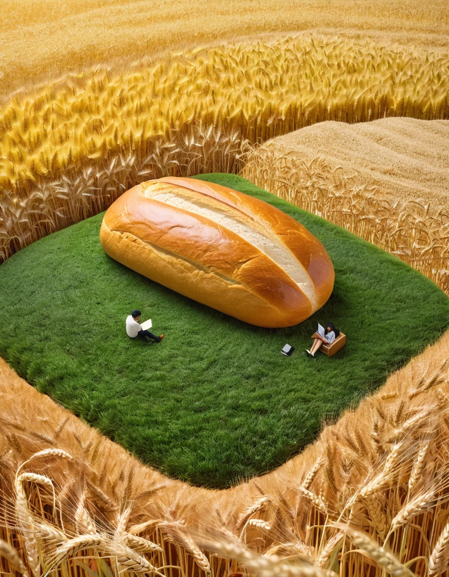 Tanaka Tatsuya, miniature landscape advertisement photography, the background is a giant loaf of bread, wheat fields， and little people are listening to music, reading, sleeping, realistic food textures, minimal decoration, grass, surreal style, and dreamy scenes