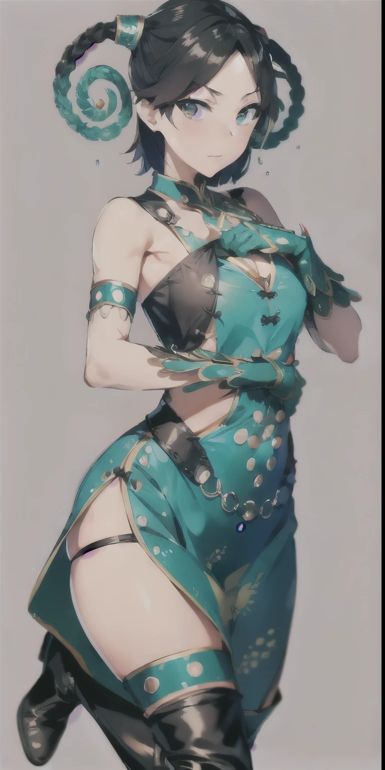 (Highly detailed CG), (highest quality), Dear Mele、mini skirt、Crouching with legs apart and facing forward、White pantiesが見える程脚を開く、Perfect Face, Shiny skin, Shiny skin,Wide Hips,A girl with a small waist,mini skirt、White panties、solo meregeki,Multicolored Hair, Thighs,twin Braidings,Side slits,black Thighs,Bracelet, Iris,Cleavage,thigh boots, green ミニdress, green gloves, hair ornaments,short hair, boots, china dress, Exposing shoulders, Hair Ring, Braiding,Thighs,Chinese clothing, gloves, dress, Black Hair, anger, Combat Stance, , Clenched hands,