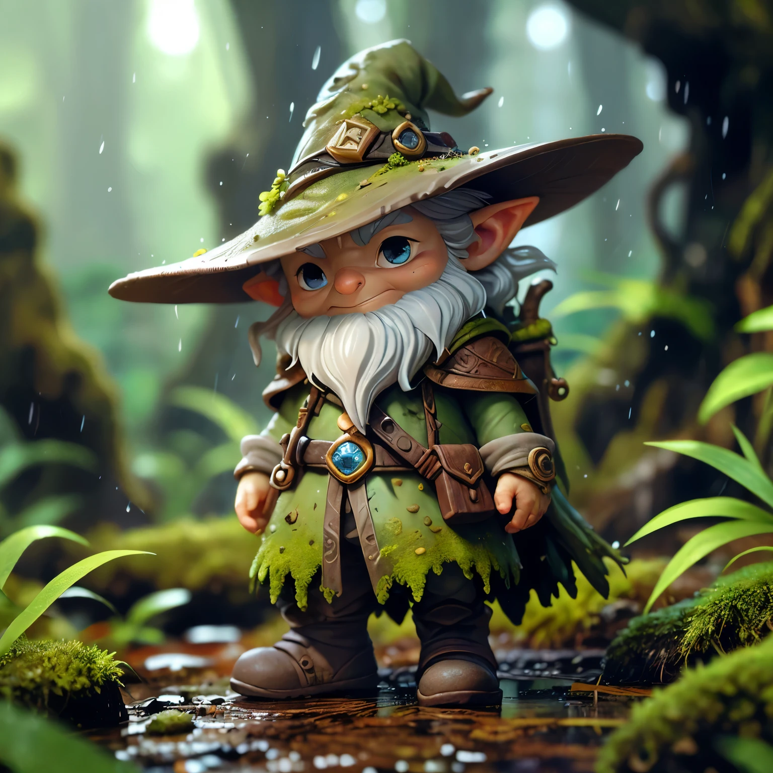A cute diminutive moss covered dewy male male wizard, wrinkled old looking skin, close up in a dewy rain forest, intricate wizarding costume cragged materials, In a tilt-shift, macro-photographed scene with a shallow depth of field, a tiny, iridescent mystic wizard, intricate gnarled leather wizarding boots,