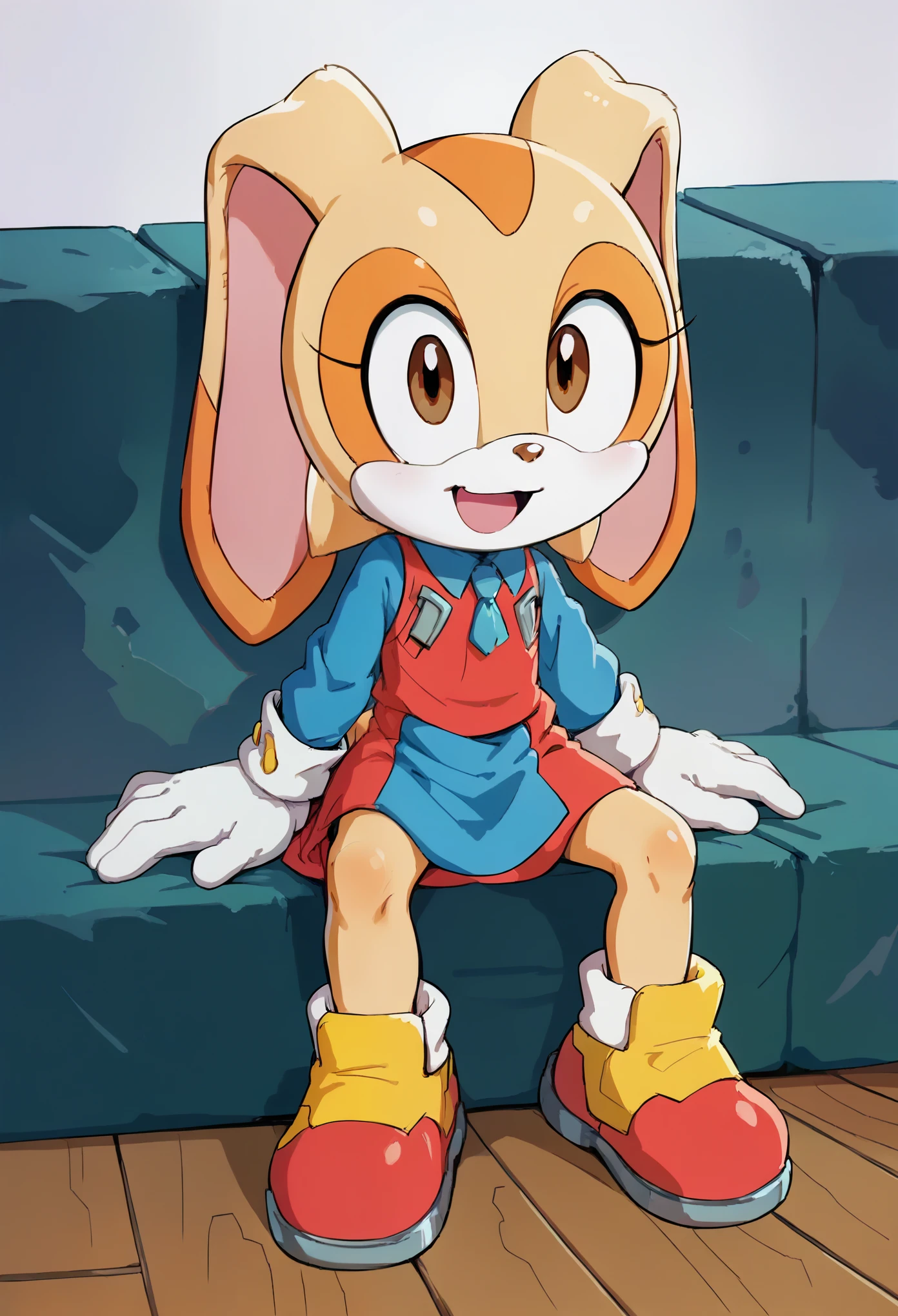 hi res, best quality, solo, female, (source_cartoon), Score_9, score_8, score_7, ultra detailed, (masterpiece), best anatomy, , young, , short, 1girl, animal nose, brown eyes, cre@m_the_rabbit, flat chest, furry, white gloves, open mouth, rabbit ears, rabbit girl, two-tone fur, official style, rabbit tail, sitting, smile, full body, standing, futuristic armor,