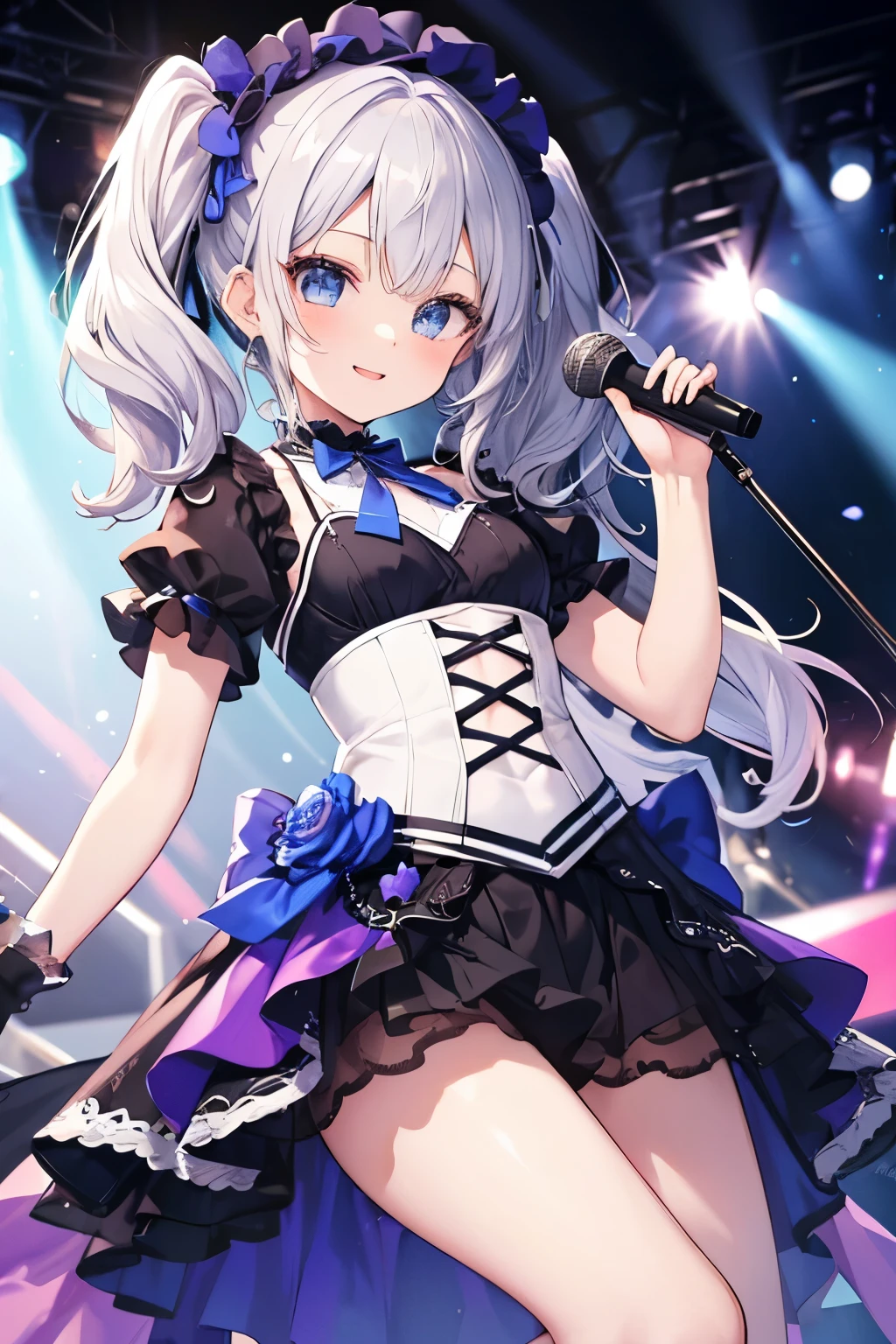 Silver Hair、Blue Eyes、girl、Small breasts、Twin tails、girl、Small breasts、ta、Bright smile、Looks about 15 yan Musume、He is short、目のhighlight、Sexy thighs、Idol、Sing with a microphone、Mine-based costumes、Your eyes are so beautiful、highlight