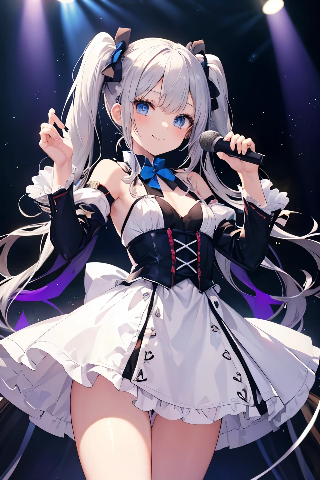 Silver Hair、Blue Eyes、girl、Small breasts、Twin tails、girl、Small breasts、Lolita、Bright smile、Looks about 15 years old、Petan Musume、He is short、目のhighlight、Sexy thighs、Idol、Sing with a microphone、Mine-based costumes、Your eyes are so beautiful、highlight