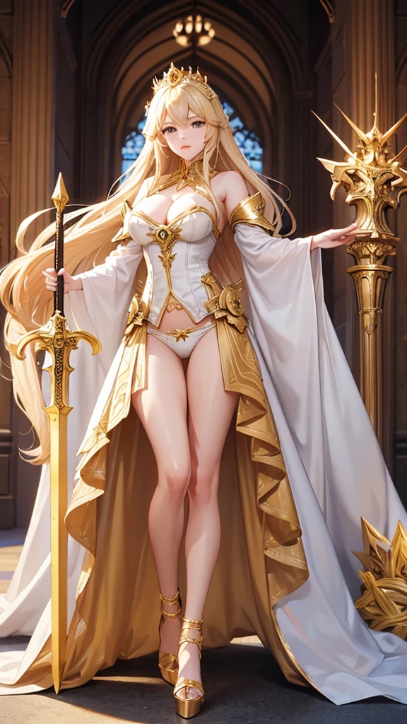 blonde queen golden crown, White lion armor,,cleavage,underwear,,High heel,Standing,Cross sword,castle