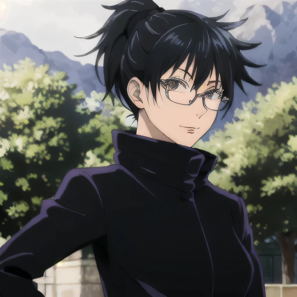 masterpiece,highres,high quality,extremely detailed,solo,outdoors,
closed mouth,looking at viewer,1girl,
black jacket,popped collar, glasses, black hair, short hair, small breasts, ponytail