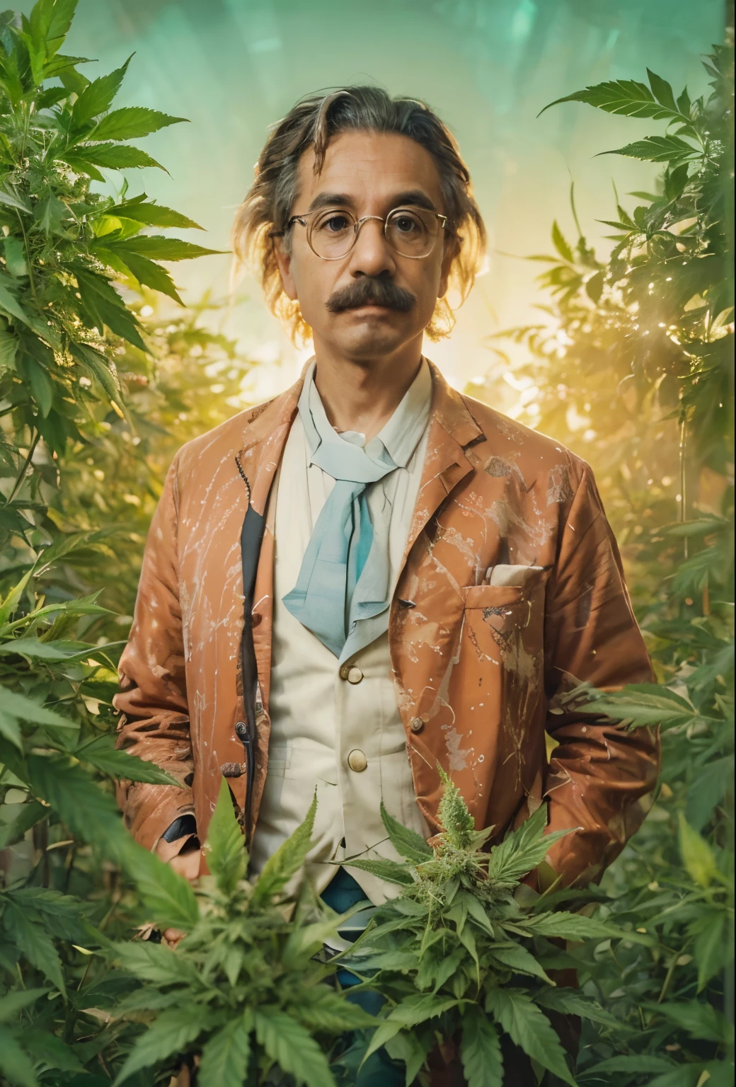 a highly detailed portrait of albert einstein, scientist, genius, elegant suit, glasses, mustache, serious expression, dramatic lighting, chiaroscuro, impressionist, oil painting, cinematic, ethereal, glowing, mesmerizing, cannabis plantation 