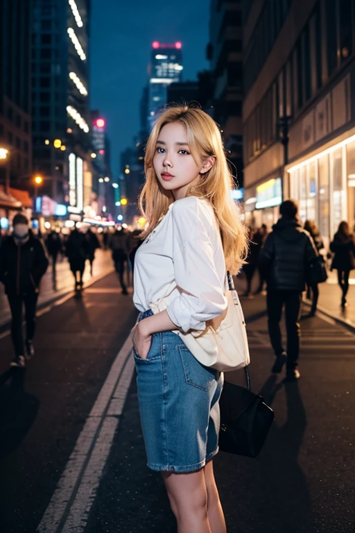 Beautiful face of a girl with perfect beautiful blonde hair, Detailed facial expressions, Night city crowd, Girl standing with her back to the wall, Full body shot from the front, Like a scene from a movie, TWICE Chaeyoung's profile, Blonde long hair, Beautiful brown eyes, Hanging the bag from the mold