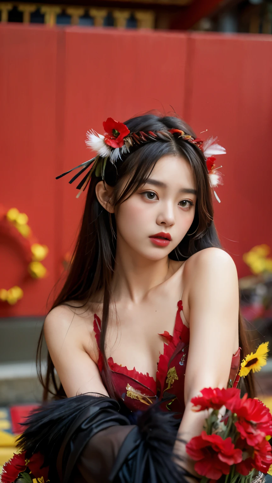 (8K、top-quality、​masterpiece:1.2)、(8K、top-quality、​masterpiece:1.2)、dark themed、(top-quality、​masterpiece:1.2)、20 year old girl wearing a ruined feather dress、(Confusion of red flowers in the background:1.3)、Beautie、korean temple、Beautuful Women、ornate、bewitching
