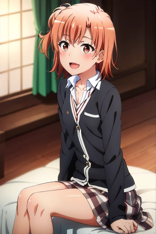 ((highest quality)), ((masterpiece)), (be familiar with), Perfect Face, indoor, Bedroom, Watching the audience,
One woman, Yuigahama Yui,
Open Mouth, Ecstatic expression, blush, smile,
Small breasts, Flat Chest, Young Girl, , , Girl,
Short Hair, Salmon-colored hair, Salmon-colored eyes, Side Pony,
Leg spread,