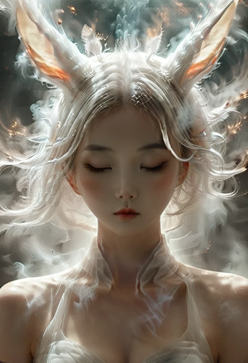 a front-view photograph.  smoke  resembling a rabbit's ears and face, covers the eye area like an eye mask on the face of a chinese female girl. White smoke in front of her forms a distinct rabbit mask, resembling a sleepily-eyed eye mask over her eyes. The smoke art has realistic textures, blending seamlessly with the rabbit’s sleepy face，bailing_darkness，xianxia