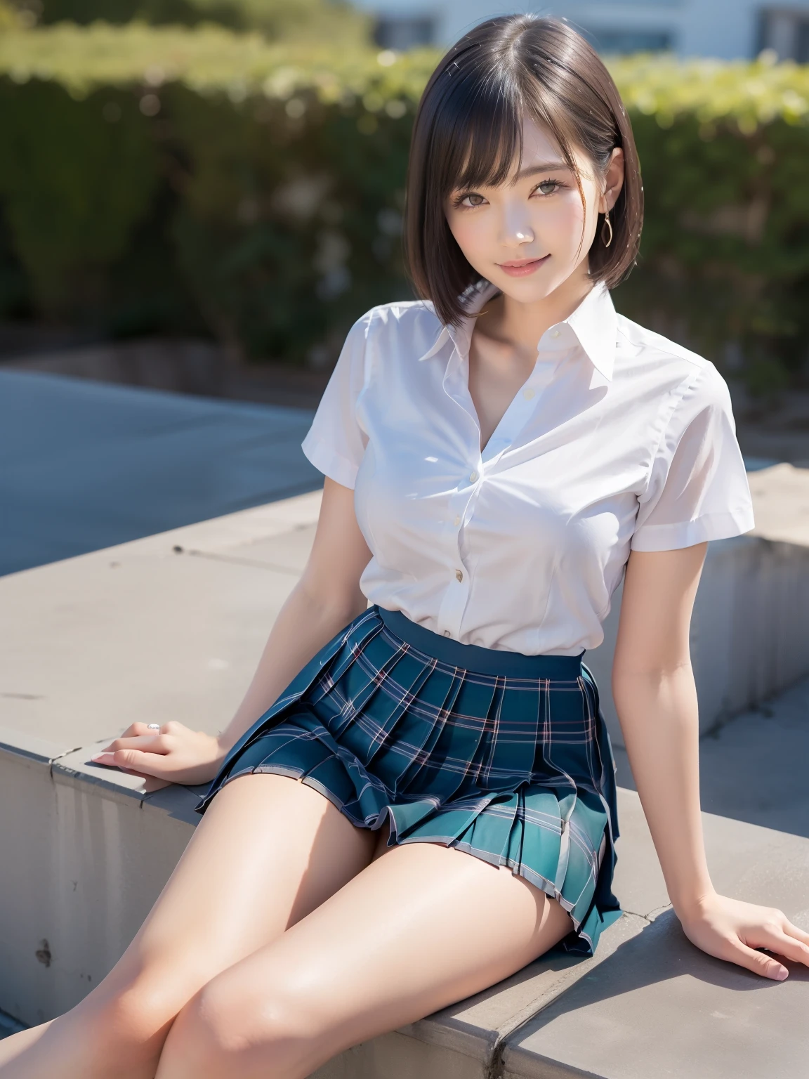 (Highest quality: 1.5), (Realistic: 1.5), (1 person: 1.5), Highly detailed, High resolution, 8k, slightly saggy medium breasts, Natural colored lips, Cute smile, Japanese woman, 20 year old girl, beautiful and graceful features, perfect and beautiful face, balanced big eyes, brunette eyes, beautiful and graceful features, natural double eyelids, natural bangs, beautiful thin nose, beautiful skin, medium bob hair , natural bangs , perfect and beautiful face, slim face and figure, blue summer sky,  socks, (looking at the camera with a sweet smile), bright lighting, professional lighting, forward lighting, beautiful legs: 1.2, smooth skin, slender body, slim waistline, slim thin thighs,  cleavage, detailed clothes, (short sleeve dress shirt:1.5), (Pleated skirt:1.5), plaid pleated micro mini skirt, short sleeve dress shirt, unbuttoned shirt to show cleavage, sit on the roof of the school, Beautiful breasts, beautiful cleavage,